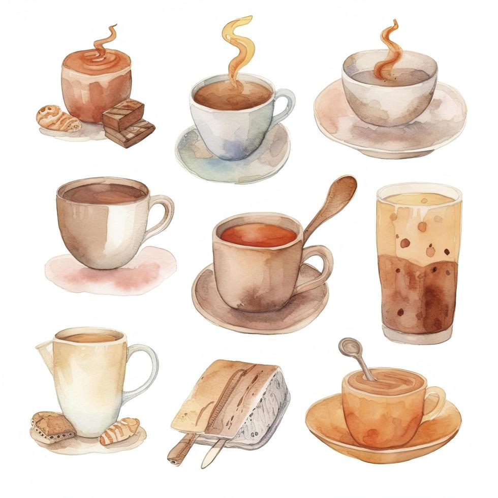 watercolor sketch of cute coffee drink objects on white background, Generate Ai photo