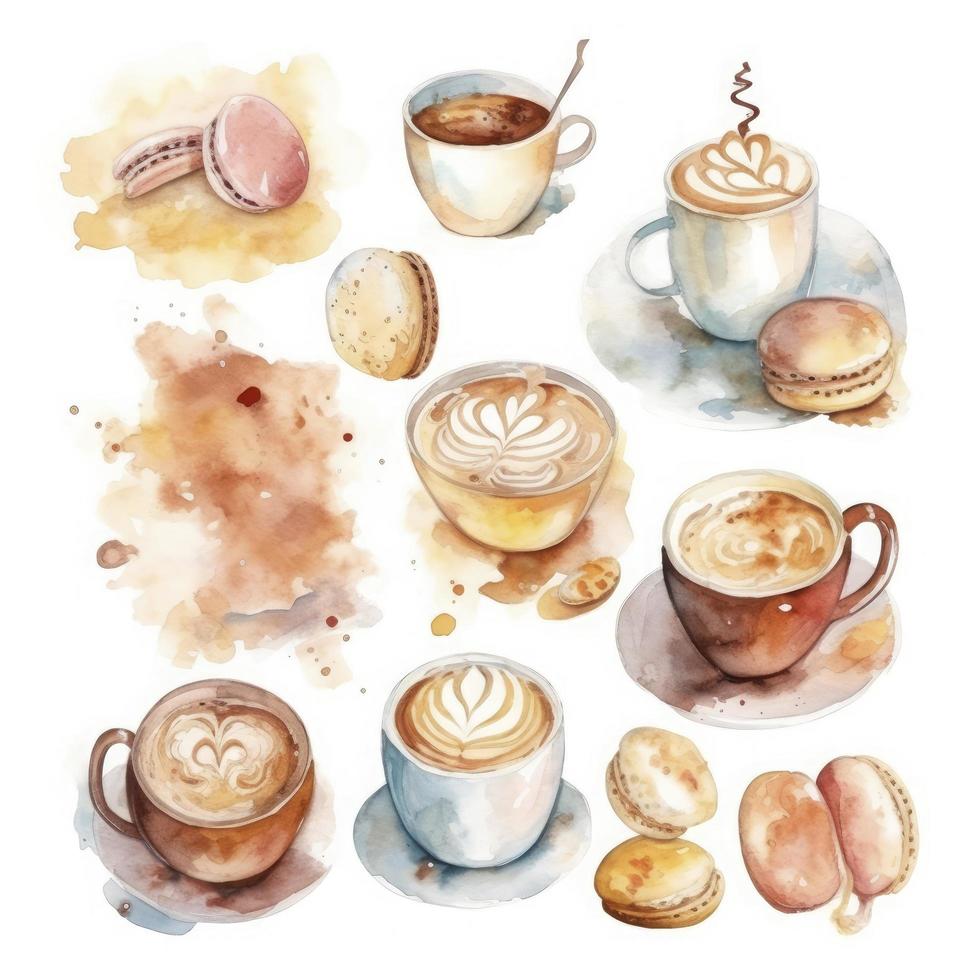 watercolor sketch of cute coffee drink objects on white background, Generate Ai photo