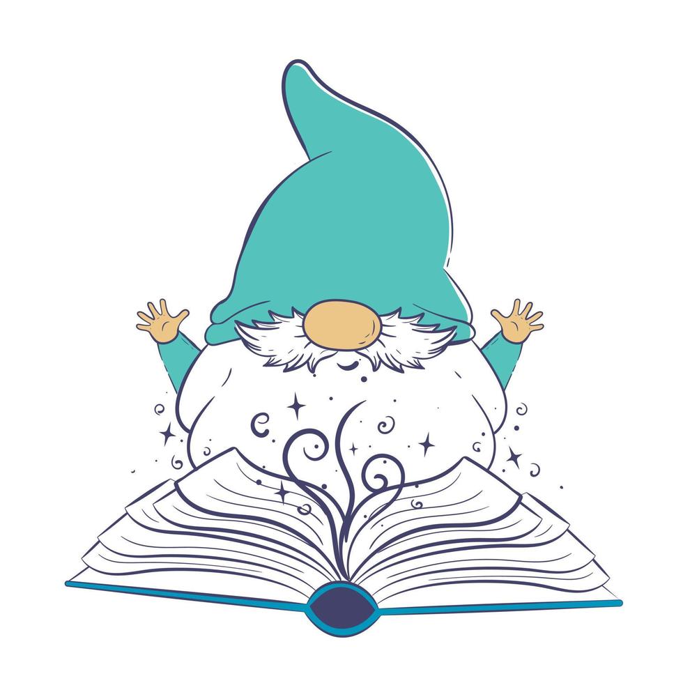 Cute cartoon gnome is reading a magic book. vector