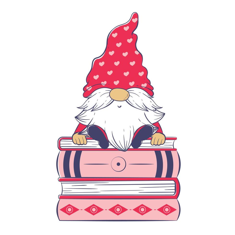 Cute cartoon gnome on a stack of huge books. vector