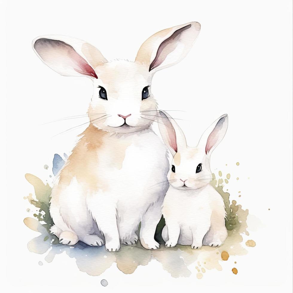free white bunny mother with white bunny child water color, pastel ,white background, generat ai photo