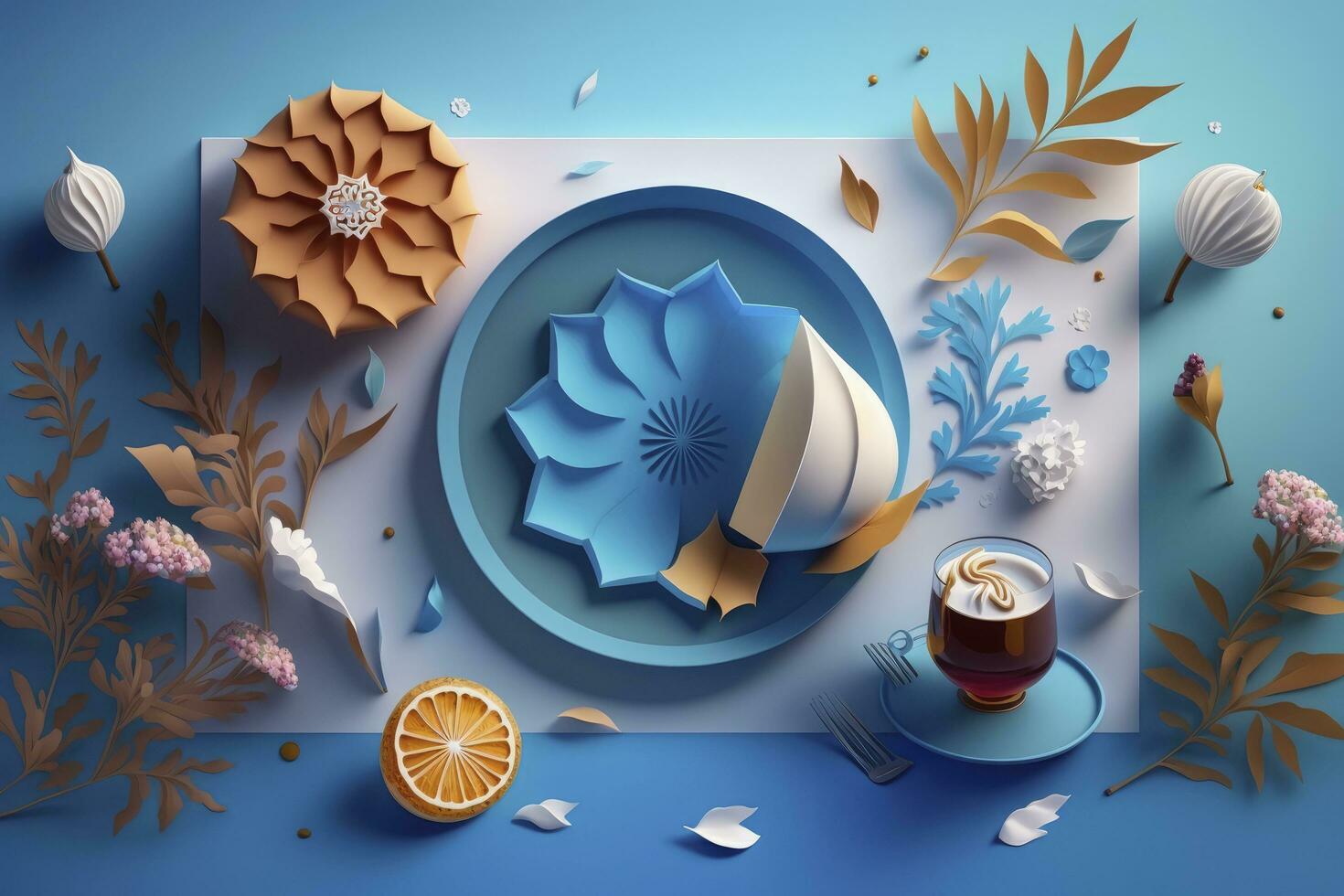 Iftar meals and gatherings with flower on blue background. Paper art , 3d render and illustration, Generate Ai photo