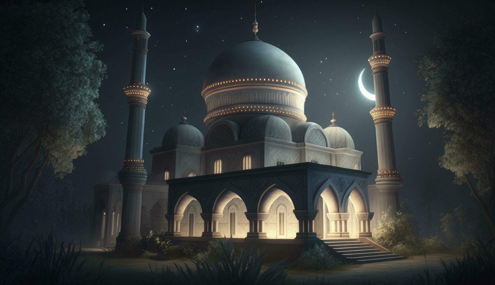 Lanterns stands in the desert at night sky, lantern islamic Mosque, crescent moon Ramadan Kareem themed illustration background, Generate Ai photo