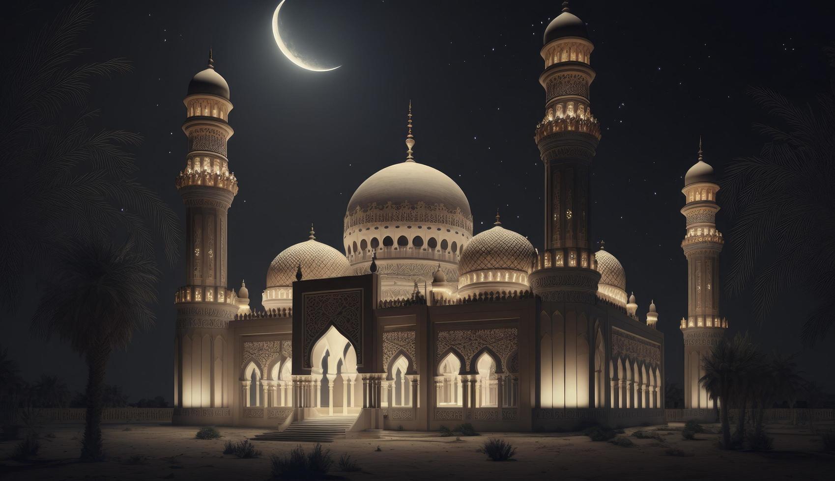 Lanterns stands in the desert at night sky, lantern islamic Mosque, crescent moon Ramadan Kareem themed illustration background, Generate Ai photo