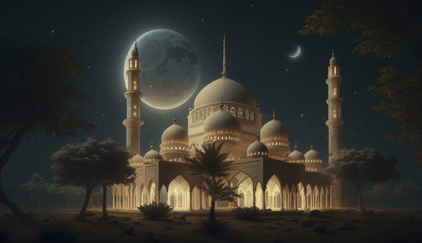 Lanterns stands in the desert at night sky, lantern islamic Mosque, crescent moon Ramadan Kareem themed illustration background, Generate Ai photo