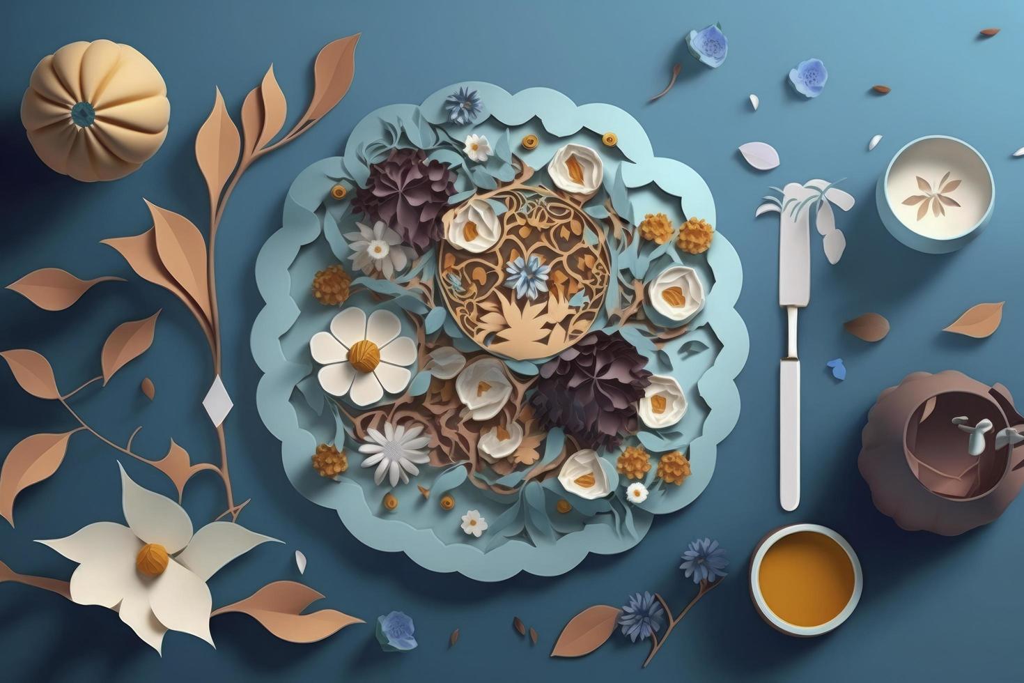 Iftar meals and gatherings with flower on blue background. Paper art , 3d render and illustration, Generate Ai photo