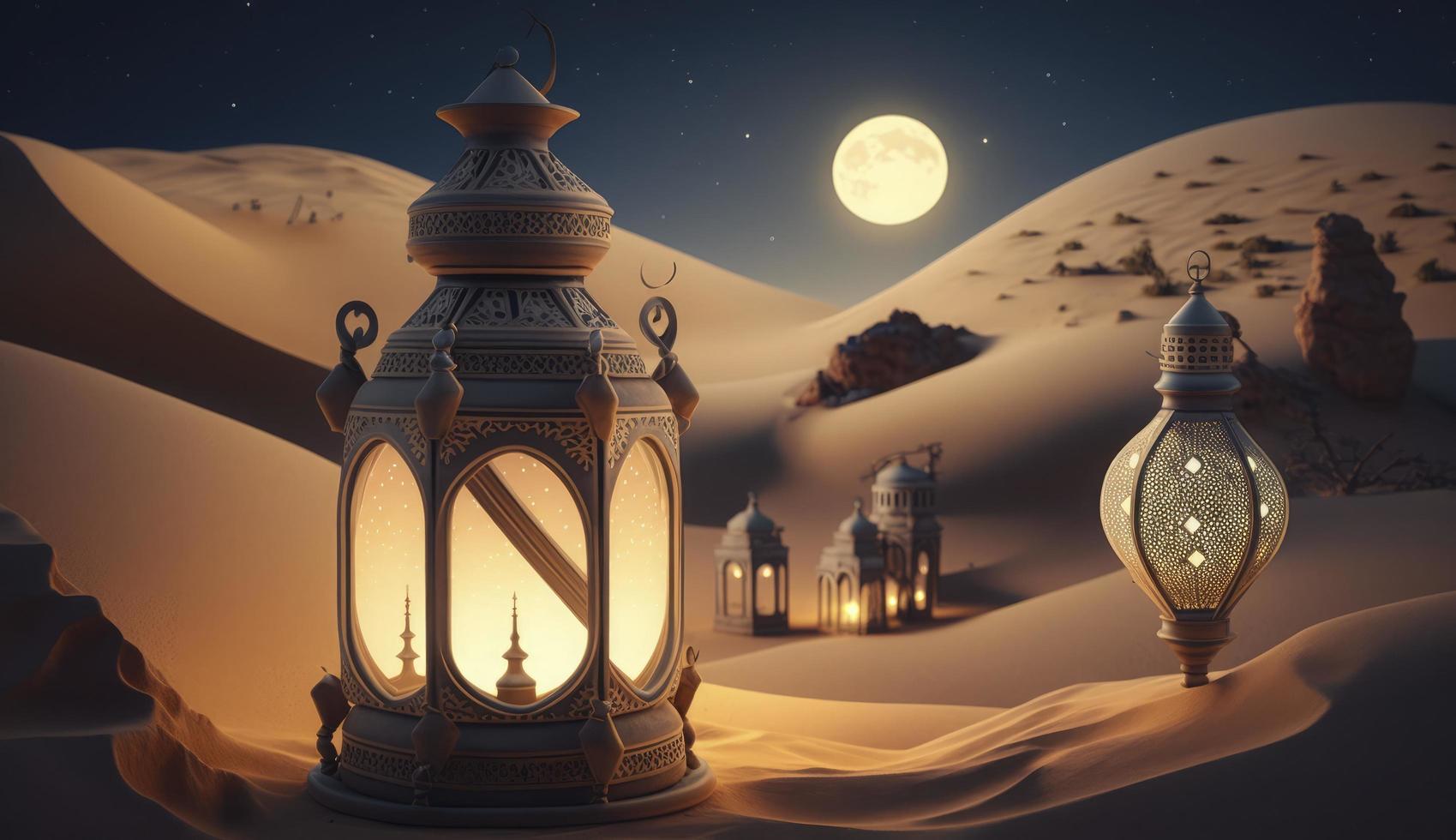 arabia Sáhara linterna y Luna preparar para saludo Ramadán o eid Mubarak tarjetas, generar ai foto