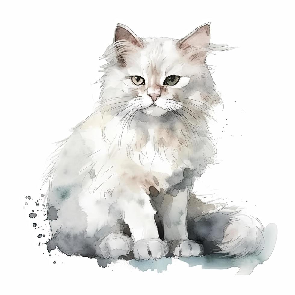 cute fluffy watercolour of a white kat kitty with lot of space arround , Generate Ai photo