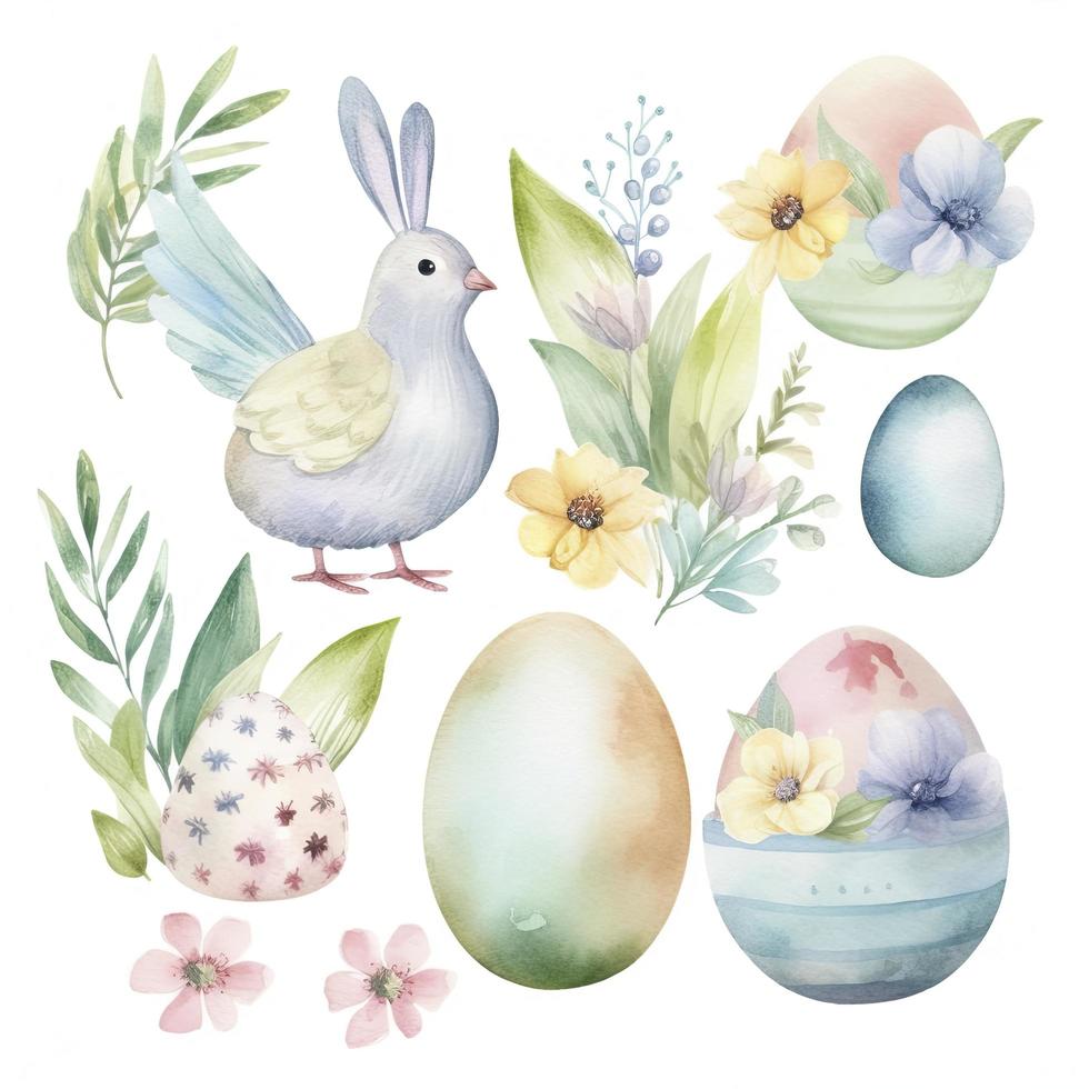 A set of vector watercolor Easter elements in pastel colors, Generate Ai photo
