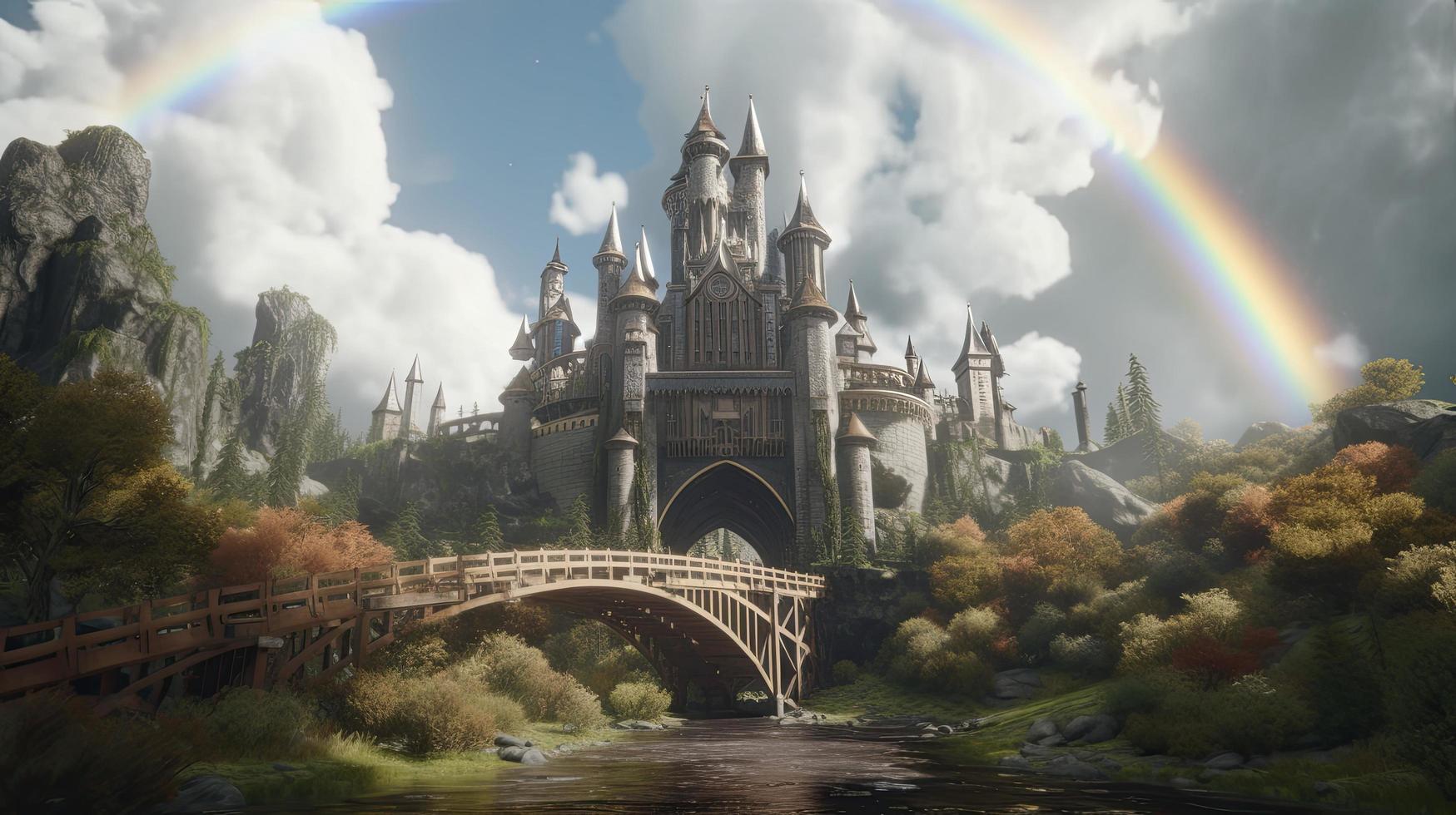 Unleashing the Mystical Realm,  A Fantasy Castle in The Clouds with Rainbow Bridge, Generate Ai photo