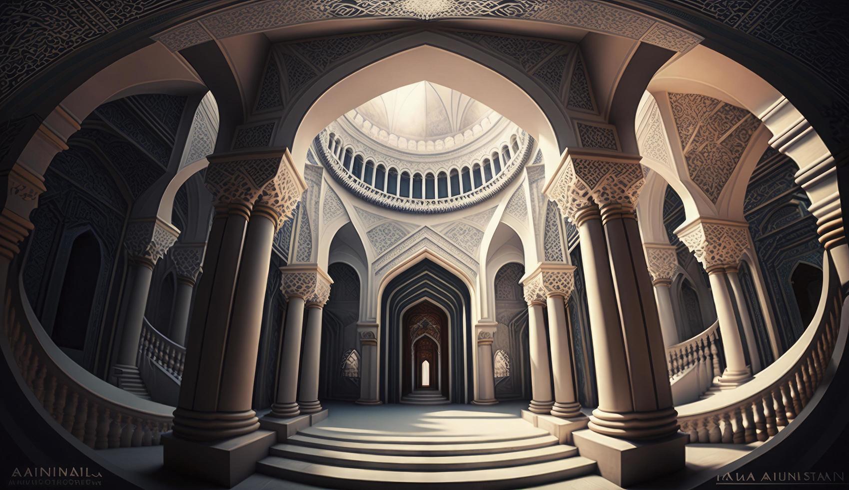 ilustración de increíble arquitectura diseño de musulmán mezquita Ramadán concepto, , generar ai foto