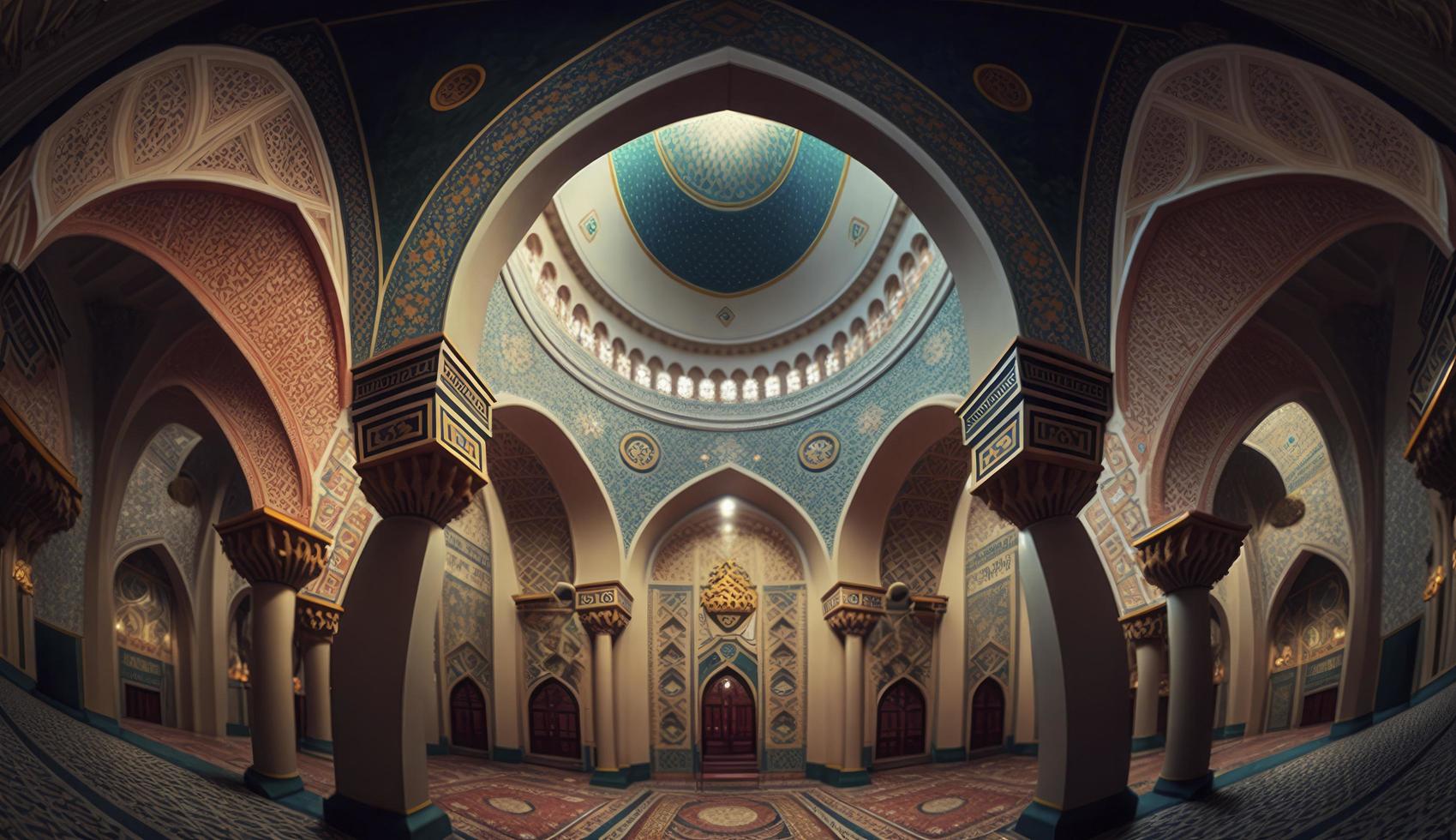 ilustración de increíble arquitectura diseño de musulmán mezquita Ramadán concepto, , generar ai foto
