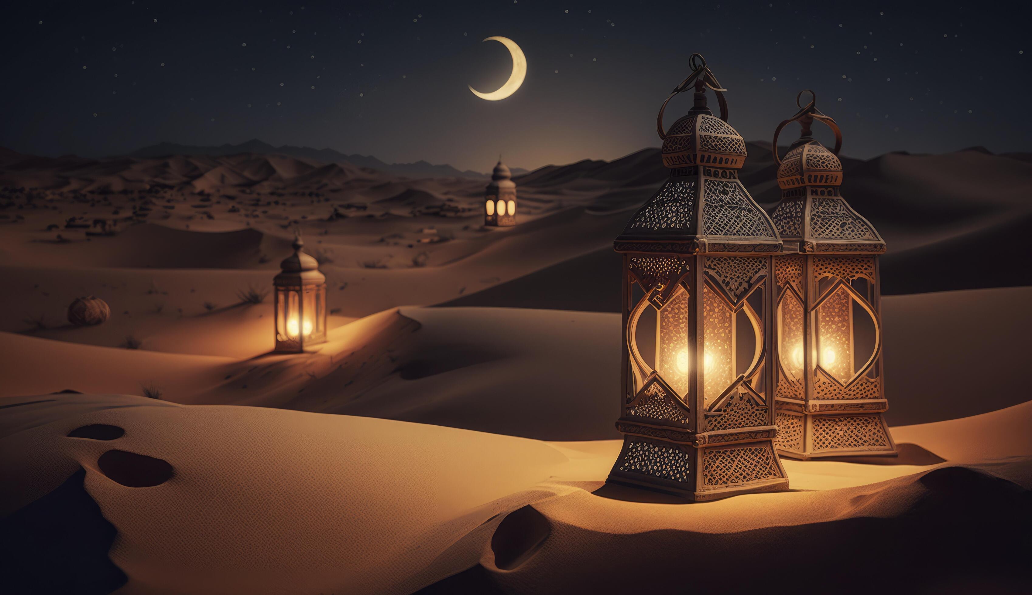 Glowing Muslim Lanterns stands in the desert at night sky on full moon
