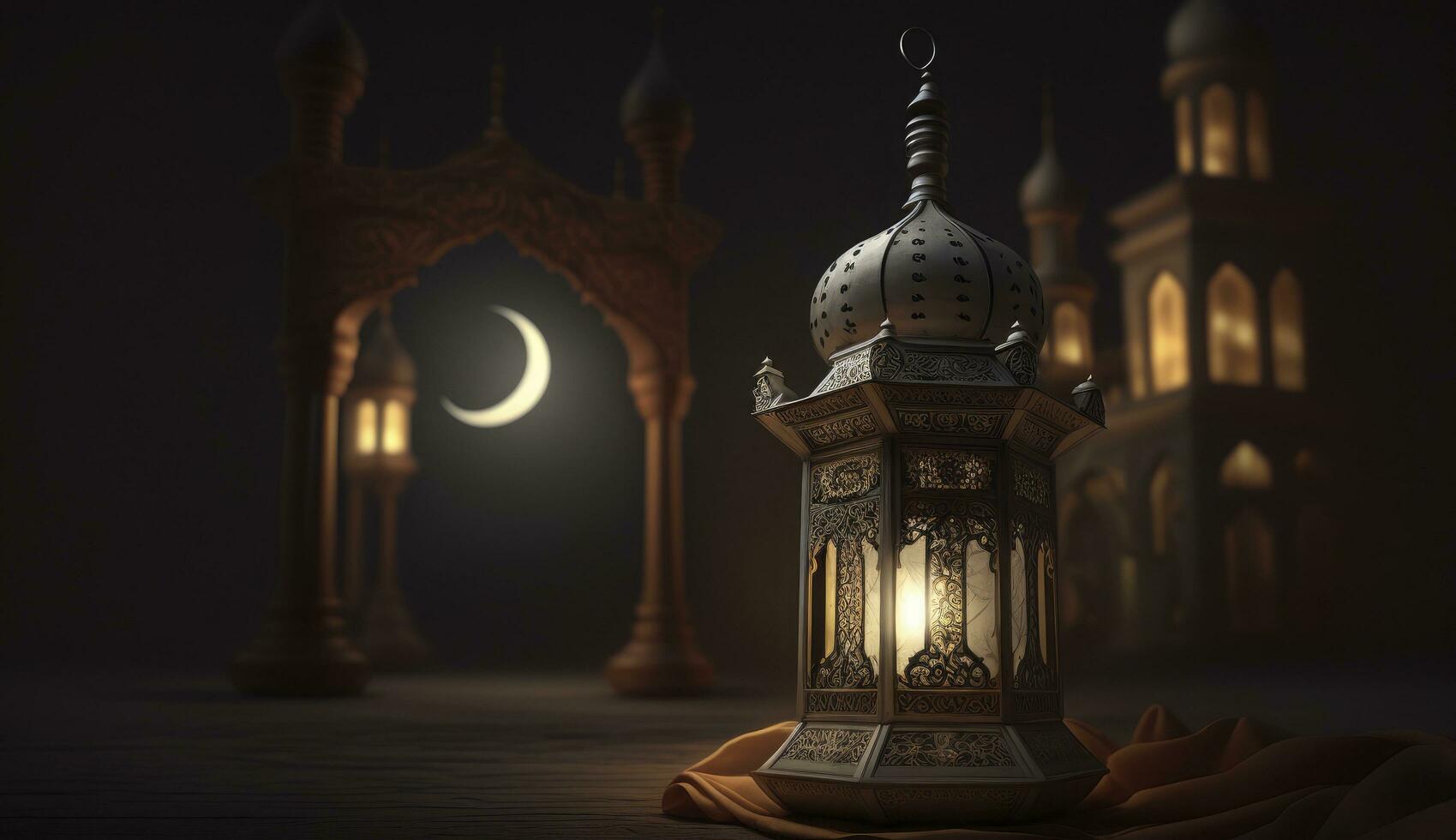 Ramadán kareem Luna en mezquita con linterna, Ramadán linterna creciente Luna imágenes, generar ai foto