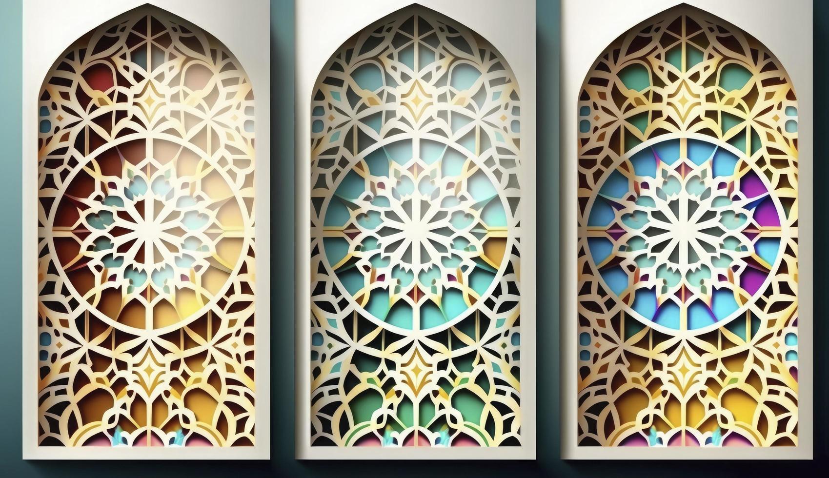 cerca arriba de vistoso ornamental Arábica losas, patrones mediante blanco mezquita ventana. saludo tarjeta, invitación para musulmán fiesta Ramadán kareem vector ilustración fondo, generar ai foto