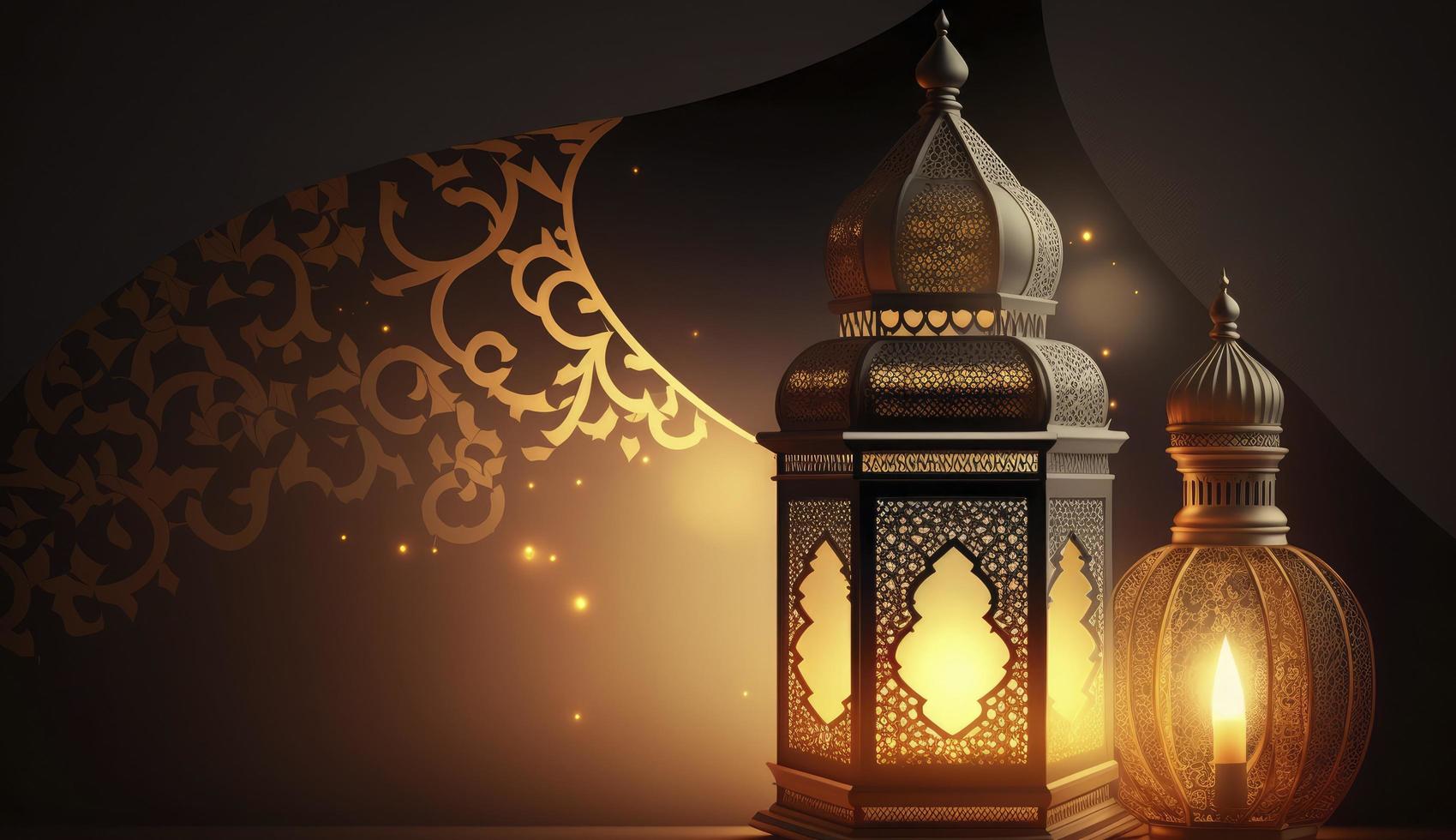 Ornamental Arabic lantern with burning candle glowing . Festive greeting card, invitation for Muslim holy month Ramadan Kareem. Ramadan Kareem greeting photo, Generate Ai photo