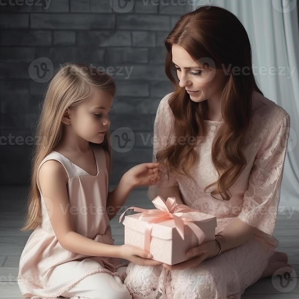 mujer con regalo para de la madre día recibido desde su pequeño hija a hogar. generativo ai foto