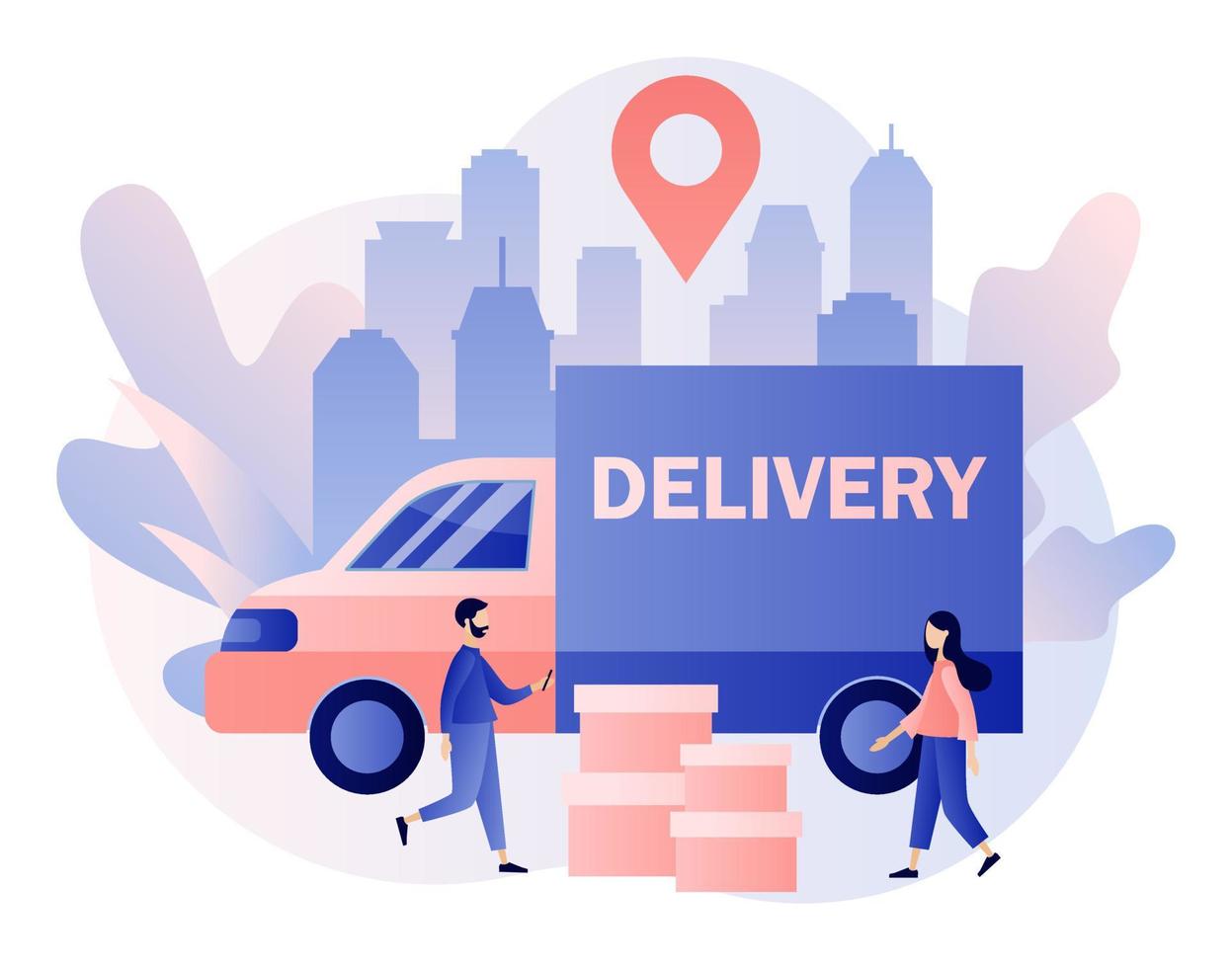 Online delivery service concept. Order tracking. Tiny people are couriers and customers. Modern flat cartoon style. Vector illustration on white background