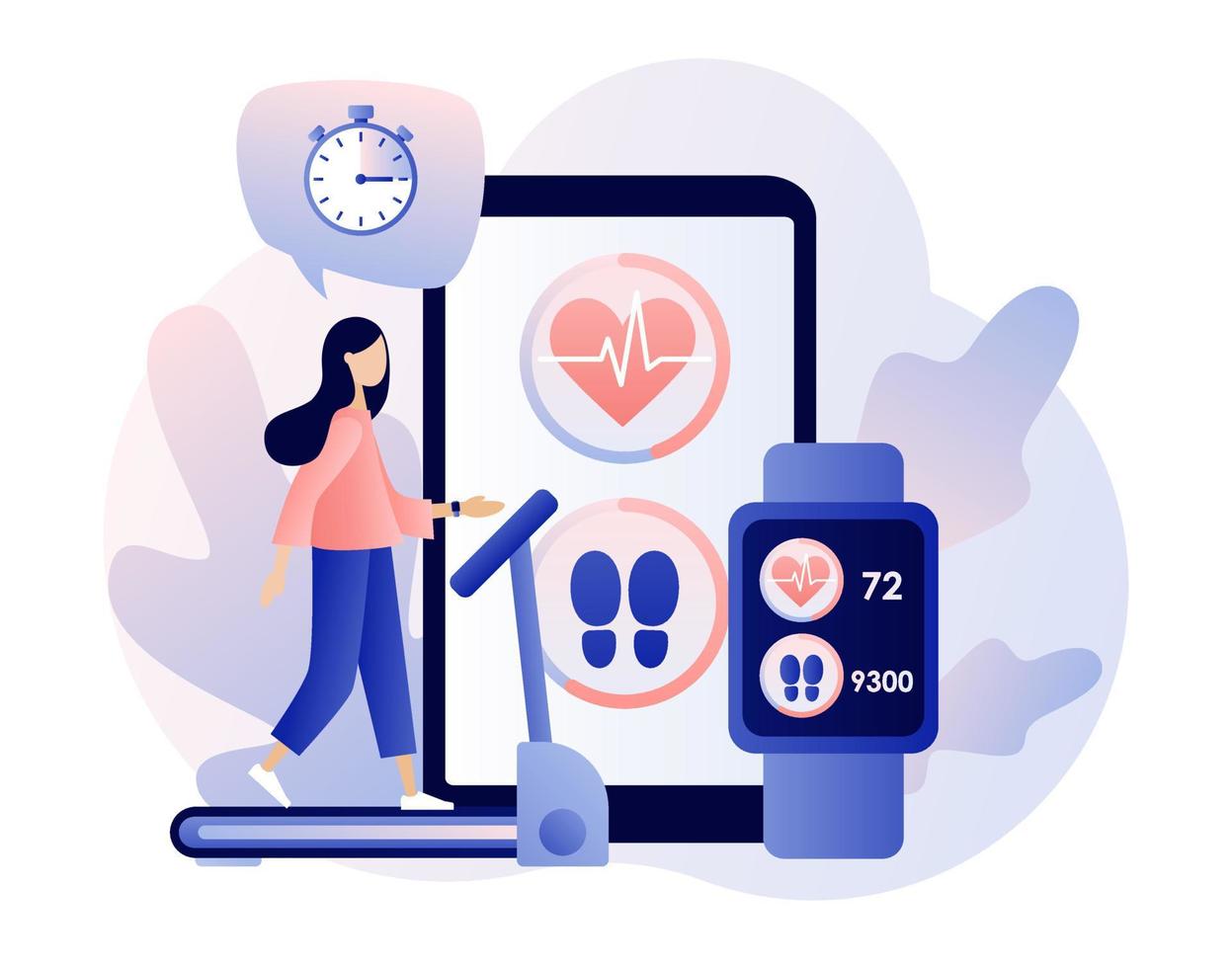 Fitness app and Smartwatch app technology concept. Tiny girl are sport training. Woman running on the treadmill. Active lifestyle and fitness training. Modern flat cartoon style. Vector illustration
