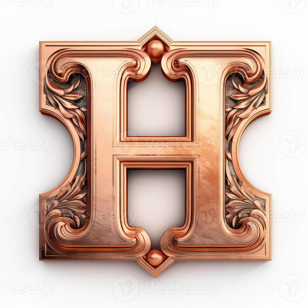 3d realistic Letter H of copper with ancient ornament photo