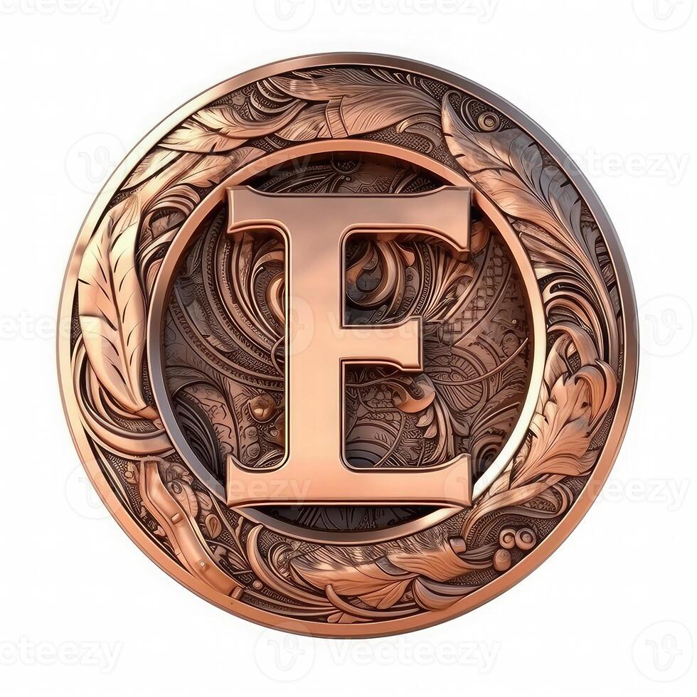3d realistic Letter E of copper with ancient ornament photo