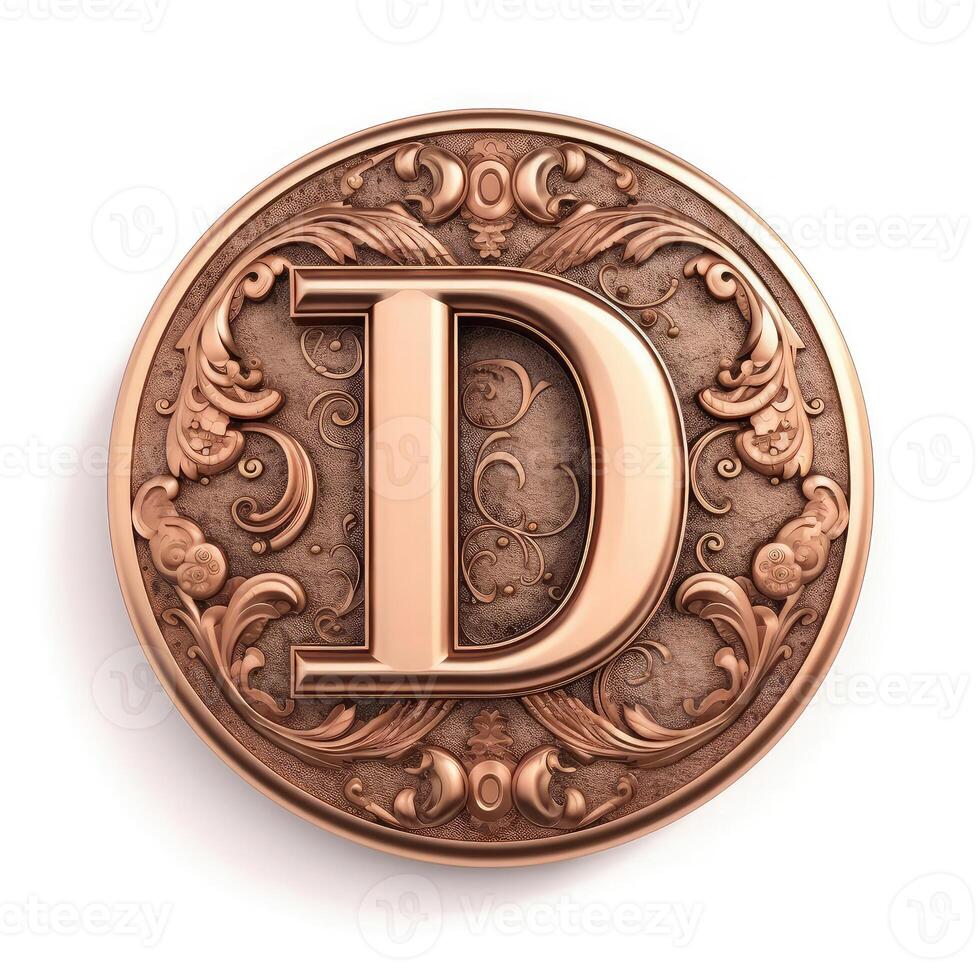 3d realistic Letter D of copper with ancient ornament photo