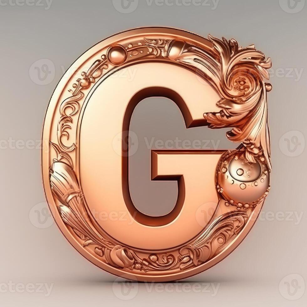 3d realistic Letter G of copper with ancient ornament photo
