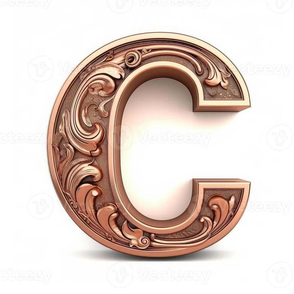 3d realistic Letter C of copper with ancient ornament photo