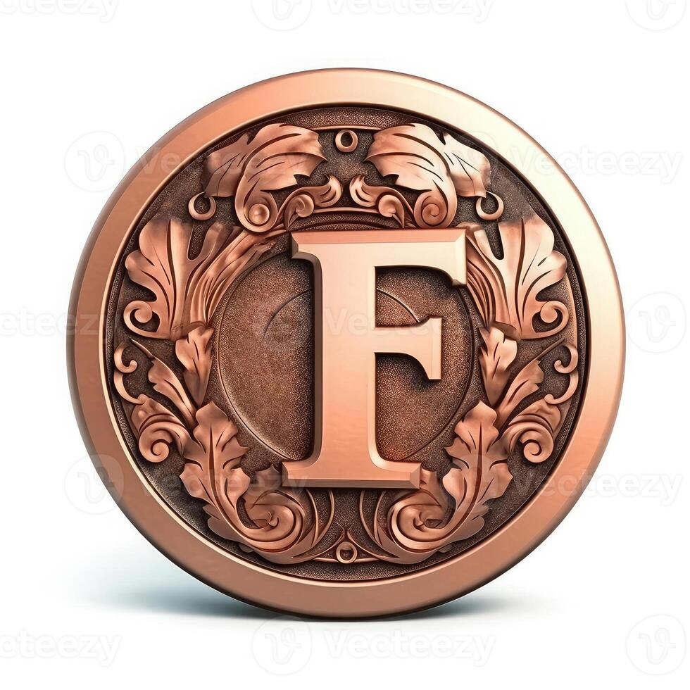 3d realistic Letter F of copper with ancient ornament photo