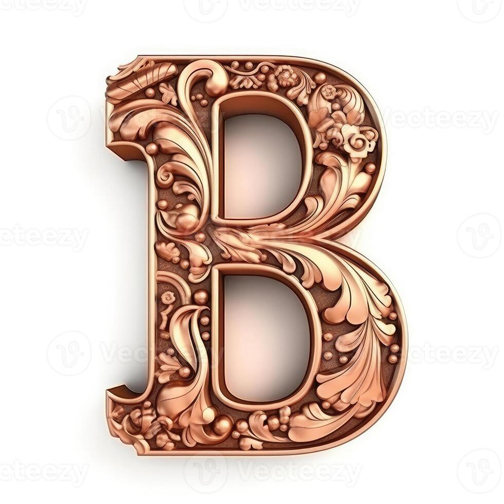 3d realistic Letter B of copper with ancient ornament photo