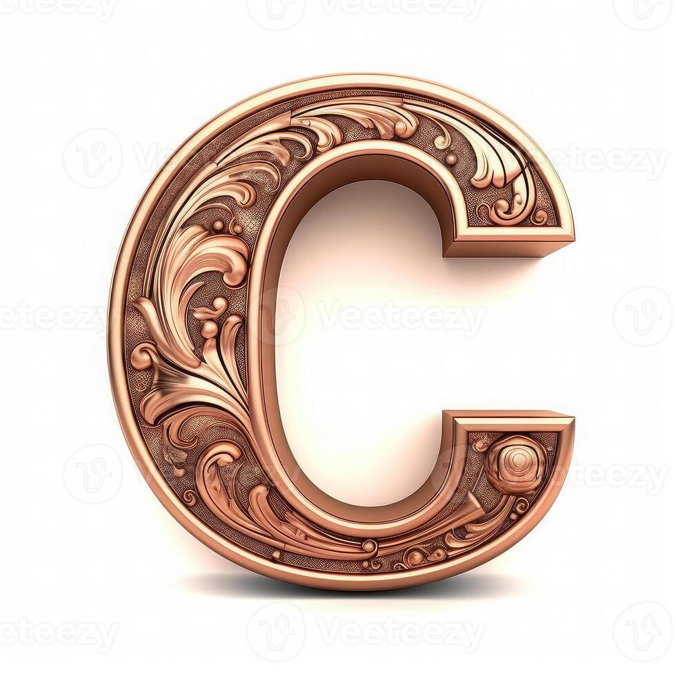 3d realistic Letter C of copper with ancient ornament photo