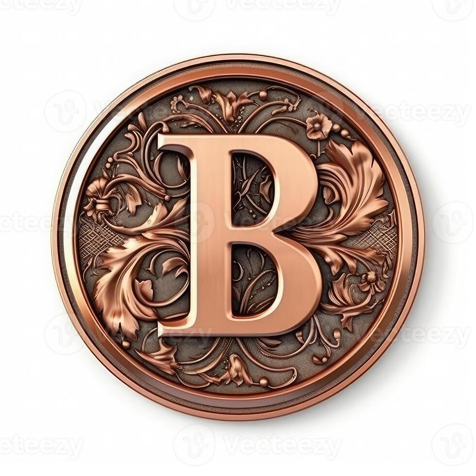 3d realistic Letter B of copper with ancient ornament photo