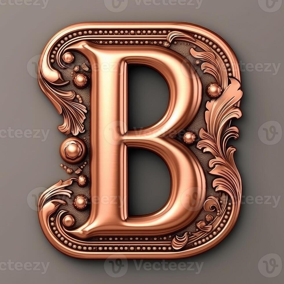 3d realistic Letter B of copper with ancient ornament photo