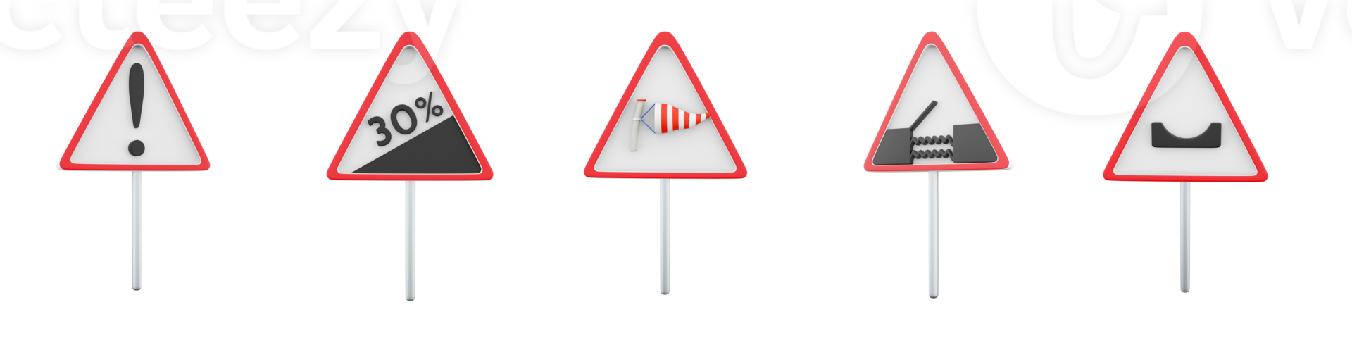 3d rendering Other hazards, steep climb 30 , side wind, drawbridge, hole in the road sign icon set. 3d render road sign concept icon set. png