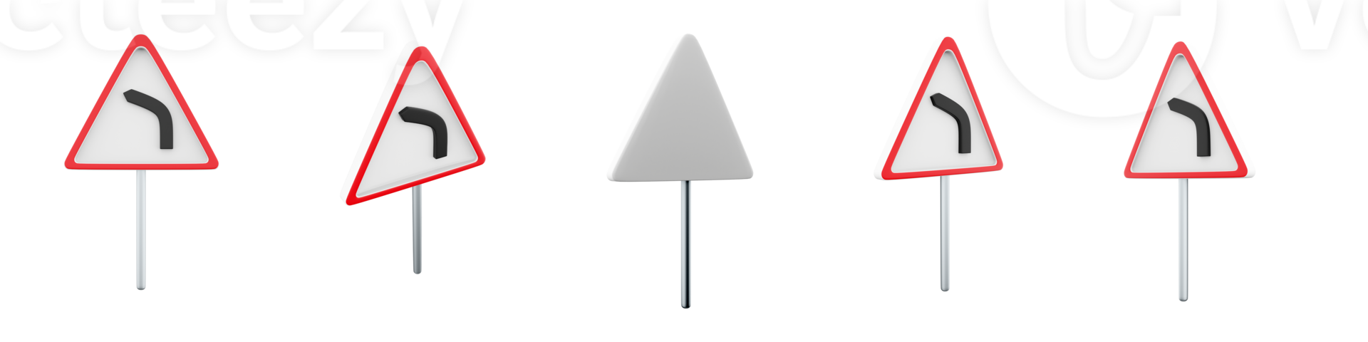 3d rendering Dangerous left turn road sign different positions icon set. 3d render road sign concept icon set. Dangerous left turn. png