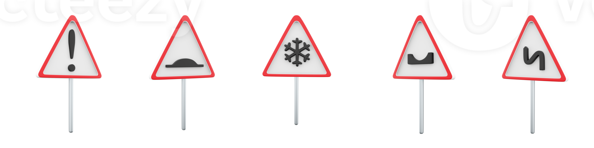 3d rendering Artificial unevenness, Other hazards, Dangerous turns with first left, danger slippery pavement due to ice or snow, hole in the road sign icon set. 3d render road sign concept icon set. png