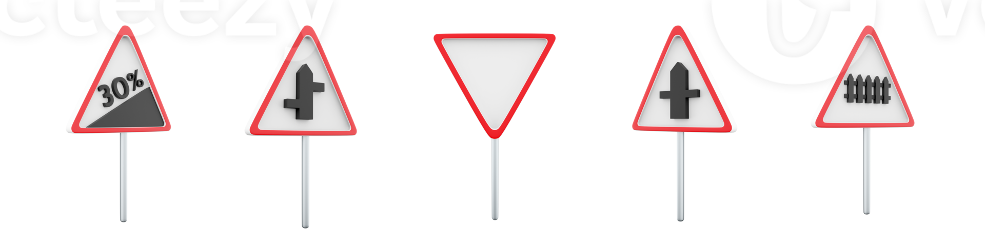 3d rendering Intersection with a secondary, contiguity with secondary, steep climb 30 , Railway train level crossing, Give way road sign icon set. 3d render road sign concept icon set. png