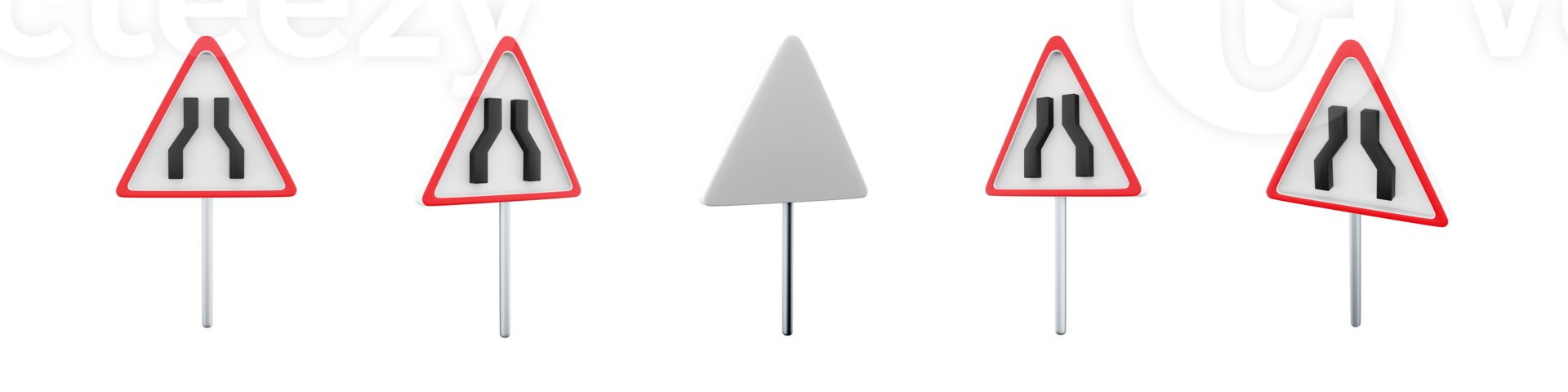3d rendering Road narrows road sign different positions icon set. 3d render road sign concept icon set. onstriction. png