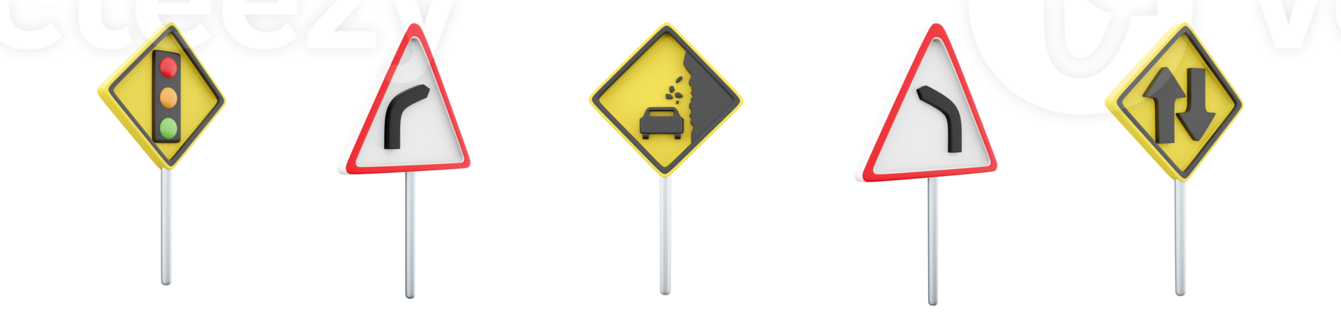 3d rendering Falling stones, Traffic light regulation, two way traffic, Dangerous left and right turn road sign icon set. 3d render road sign concept icon set. png