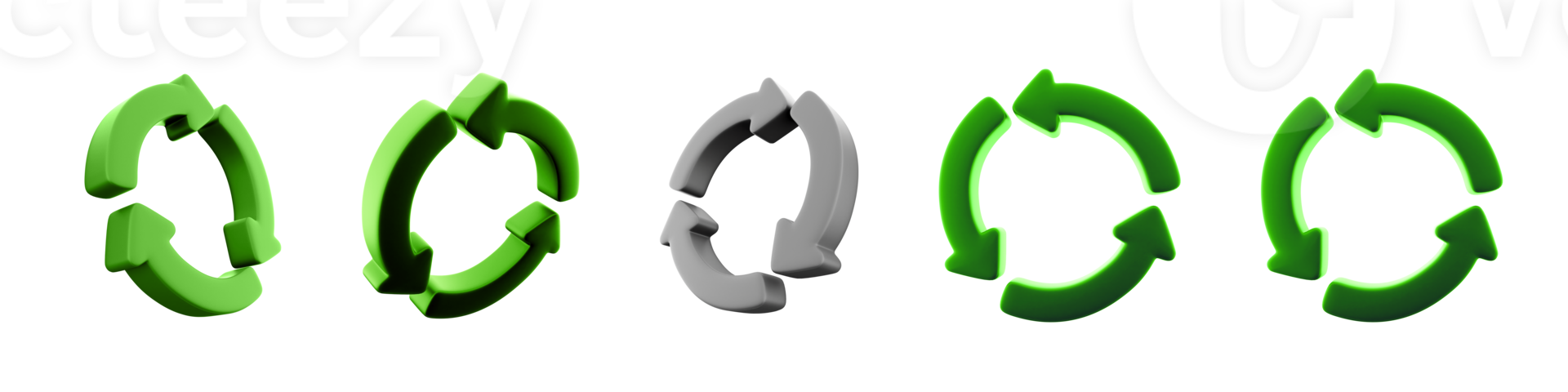 3d renderen recycling icoon set. 3d geven kronkelen gemaakt van groen pijlen verschillend positiec icoon set. recyclen. png