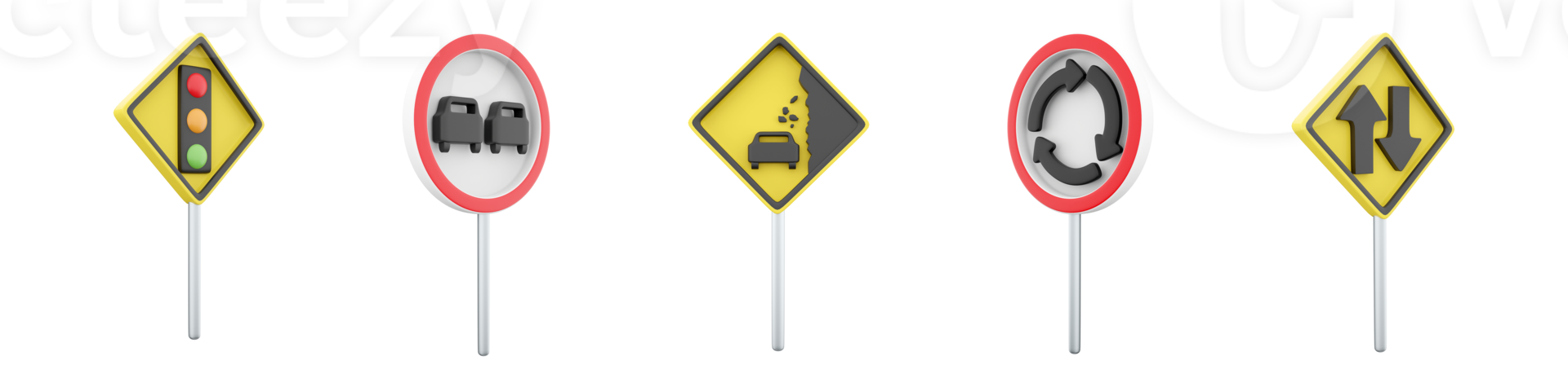 3d rendering no overtaking, Falling stones, Traffic light regulation, two way traffic, Roundabout road sign icon set. 3d render road sign concept icon set. png