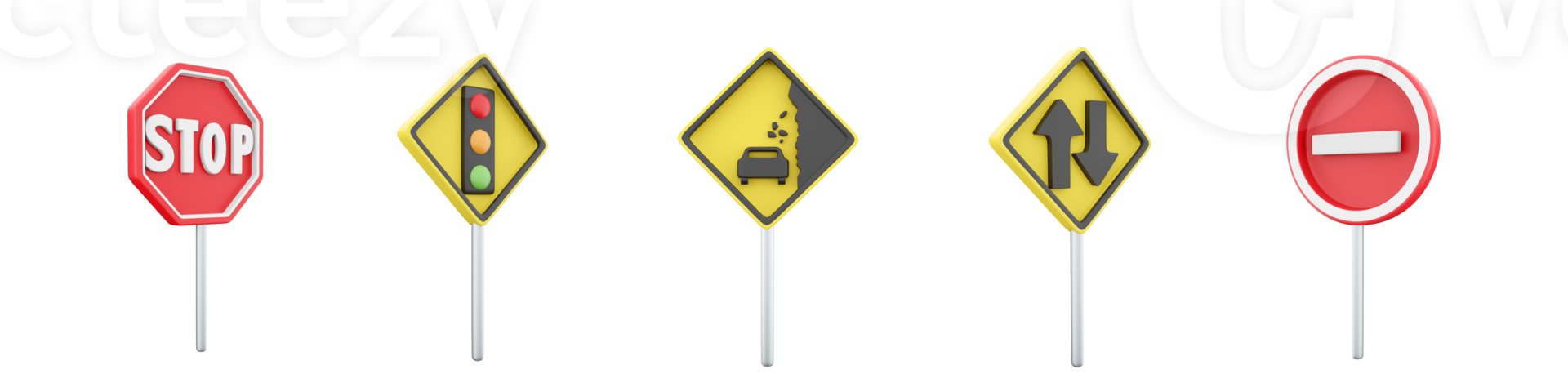 3d rendering No entry, Movement without stopping is prohibited, Traffic light regulation, Falling stones, two way traffic road sign icon set. 3d render road sign concept icon set. png