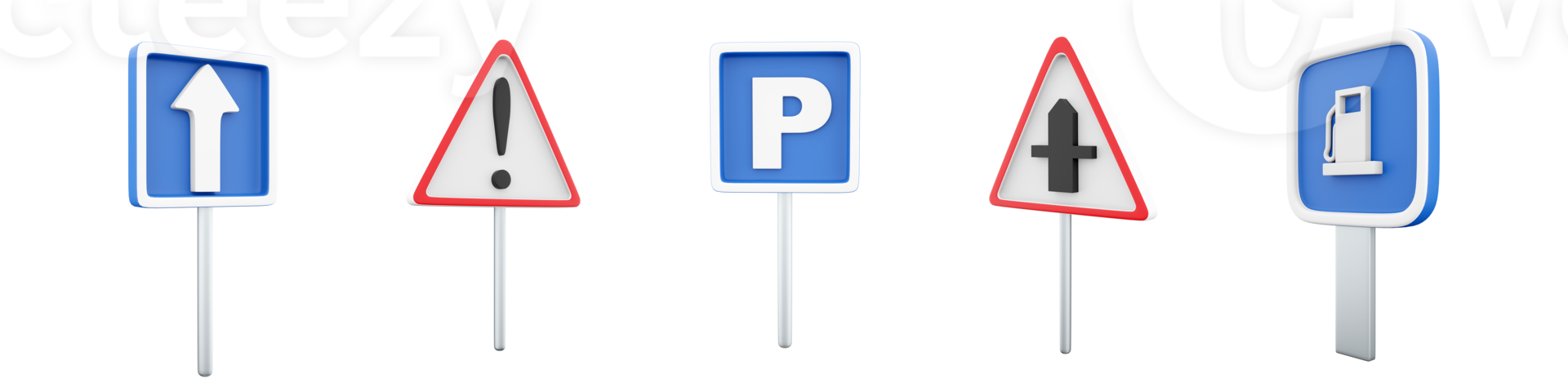 3d rendering one way, Other hazards, Parking place, secondary road intersection, gas station road sign icon set. 3d render road sign concept icon set. png