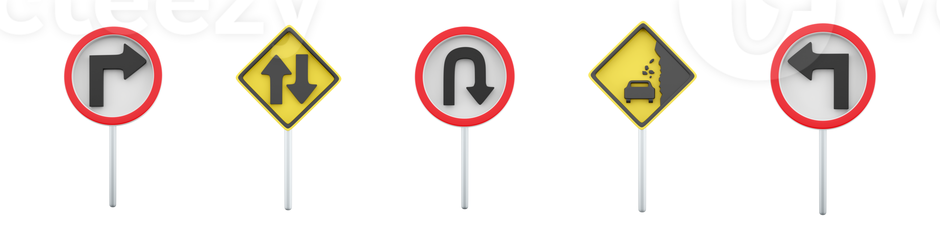 3d rendering Turn left, Turn right, U-Turn, Falling stones, two way traffic road sign icon set. 3d render road sign concept icon set. png