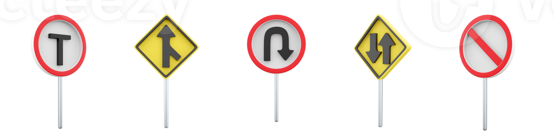 3d rendering No parking, U-Turn, Minor road junction, T traffic Transport, two way traffic road sign icon set. 3d render road sign concept icon set. png