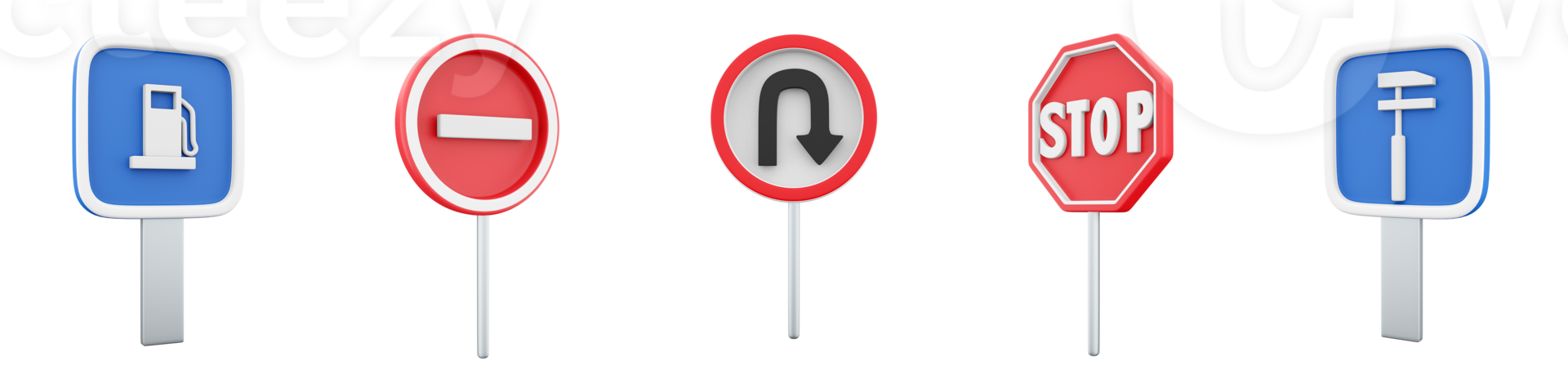 3d rendering Car maintenance, gas station, U-Turn, No entry, Movement without stopping is prohibited road sign icon set. 3d render road sign concept icon set. png