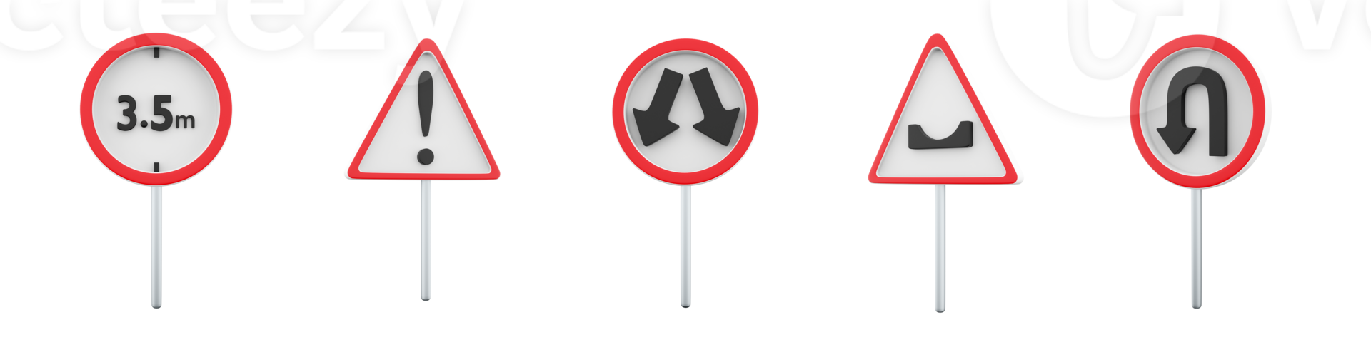 3d rendering height limit of 3.5 meters, Other hazards, go around the obstacle, U-Turn, hole in the road sign icon set. 3d render road sign concept icon set. png