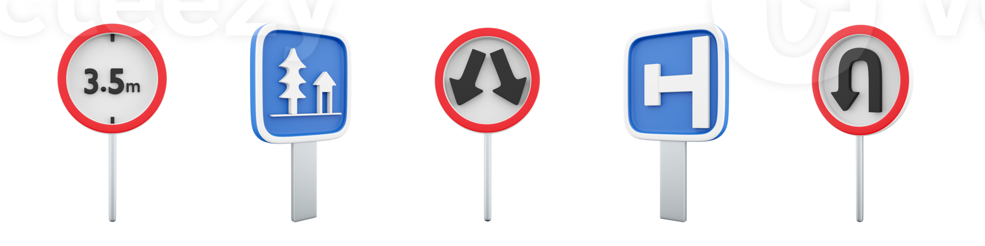 3d rendering height limit of 3.5 meters, dead end on the left, go around the obstacle, U-Turn, resting place road sign icon set. 3d render road sign concept icon set. png