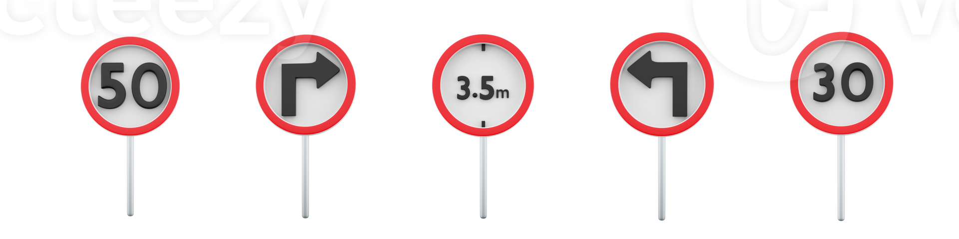 3d rendering speed limit 50, maximum speed limit 30, prohibiting the passage of vehicle with a height of more than 3.5 meters, Turn left, right road sign icon set. road sign concept icon set. png