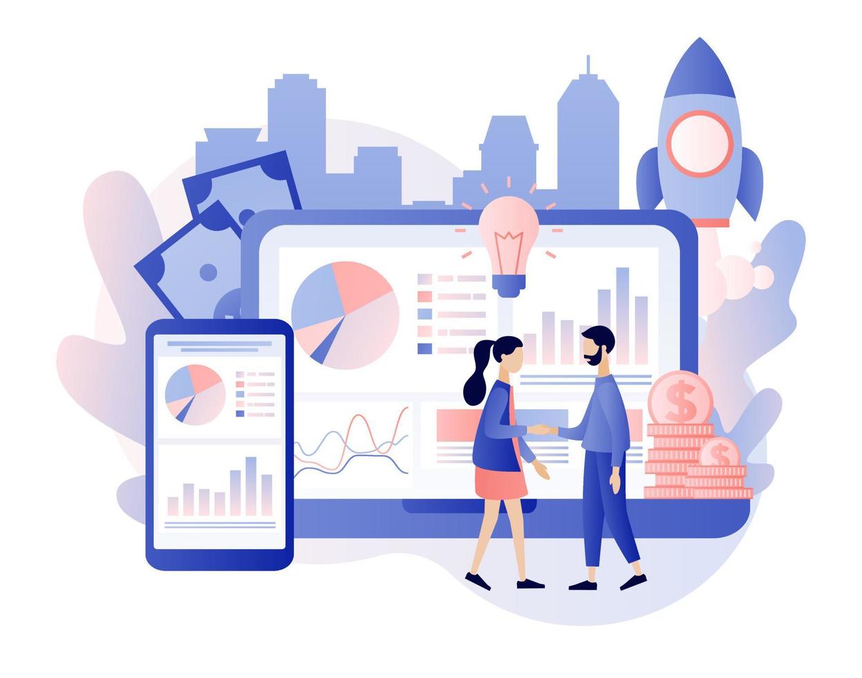 Online business concept. Tiny people conclusion of the transaction. The opening of a new startup. Global cooperation on the Internet. Modern flat cartoon style. Vector illustration on white background